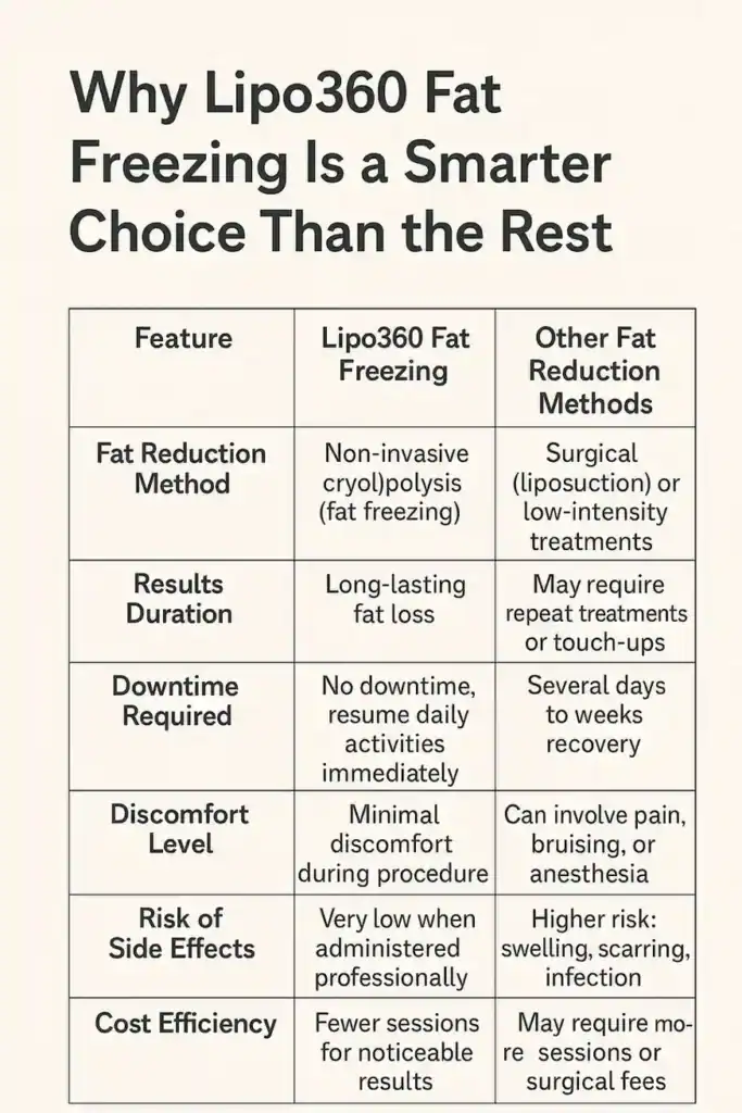 Is it possible to permanently freeze fat cells? 2 Table showing benefits of fat freezing to remove fat cells Godalming from Lipo 360